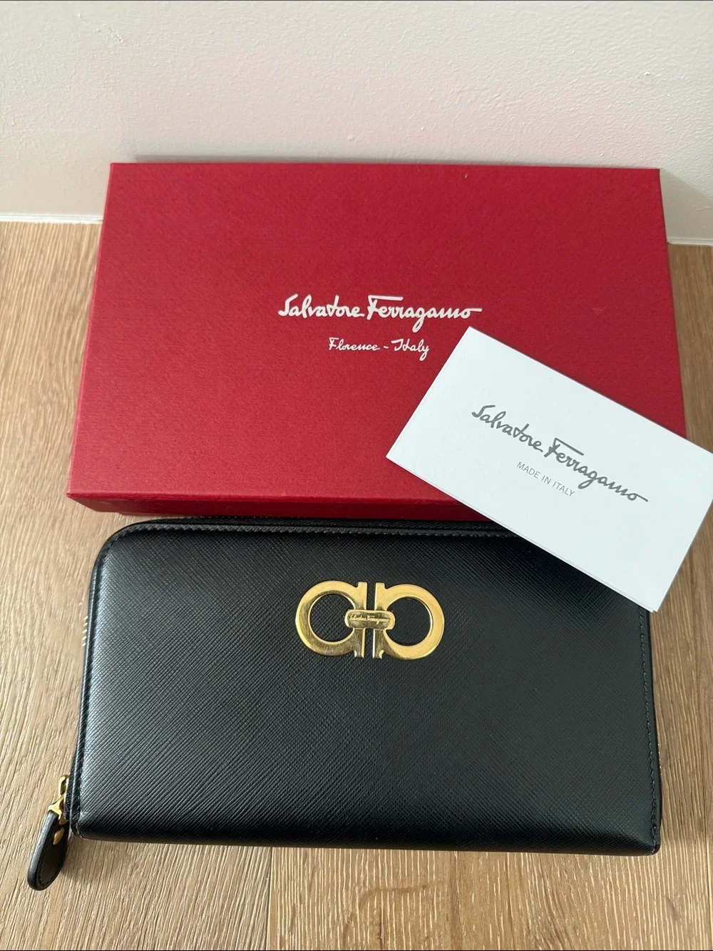 Salvatore Ferragamo Black Saffiano Leather Zip Lond Wallet